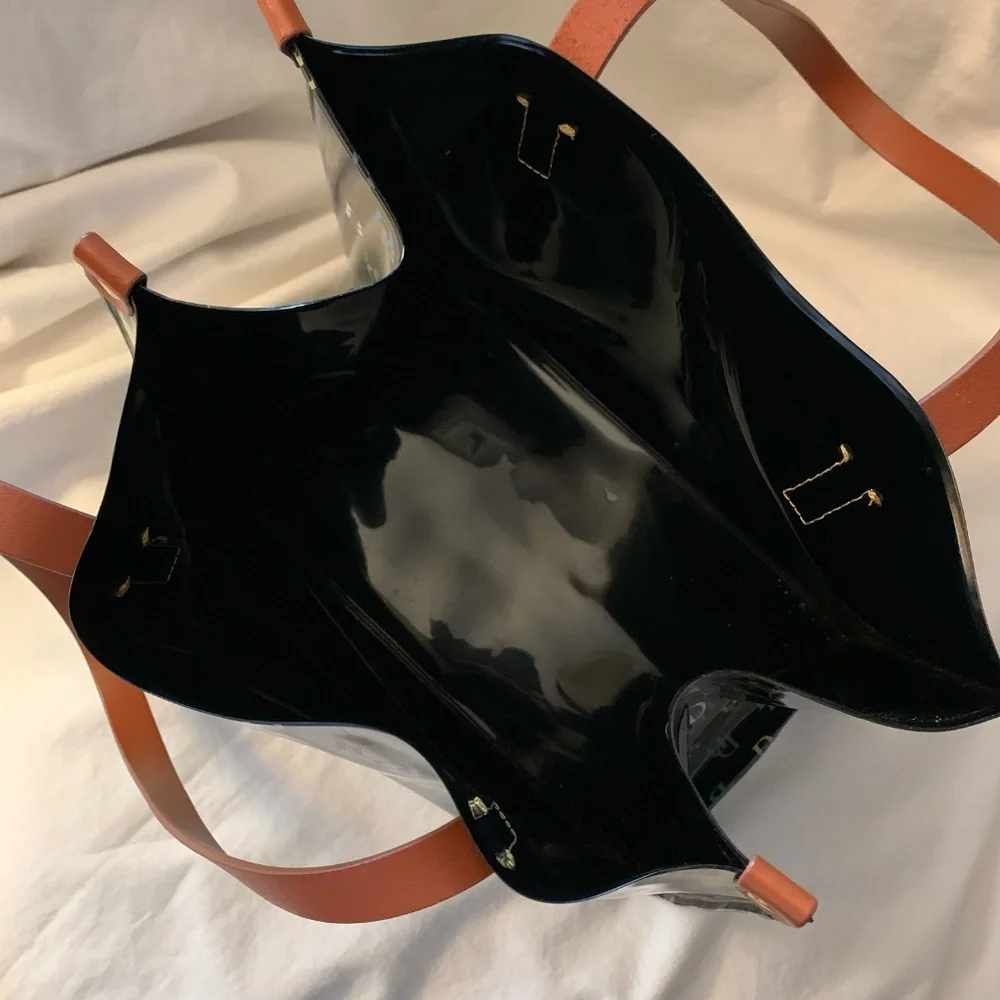 Dooney & Bourke black vinyl medium shopper tote with multi color DB logo print - Picture 4 of 7